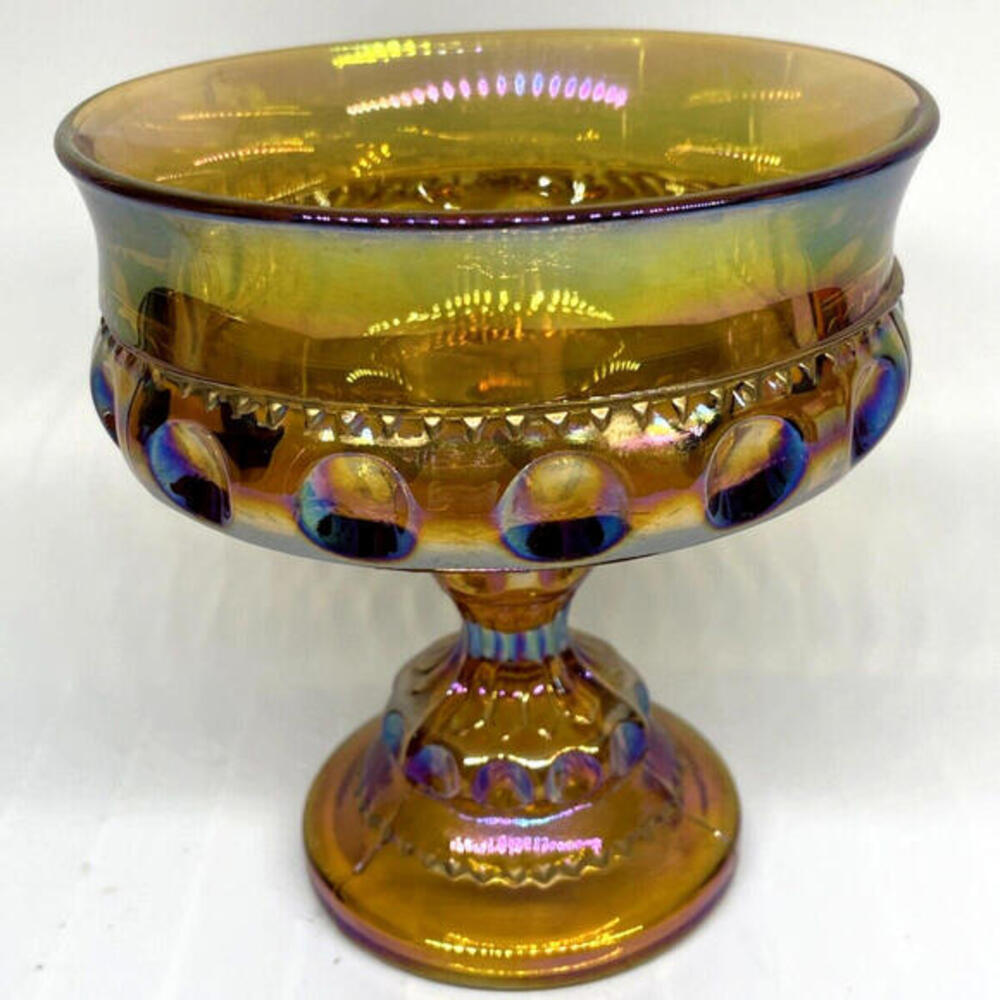 VTG Indiana Glass King's Crown Thumbprint Amber‎ Carnival Compote Candy Dish 5"